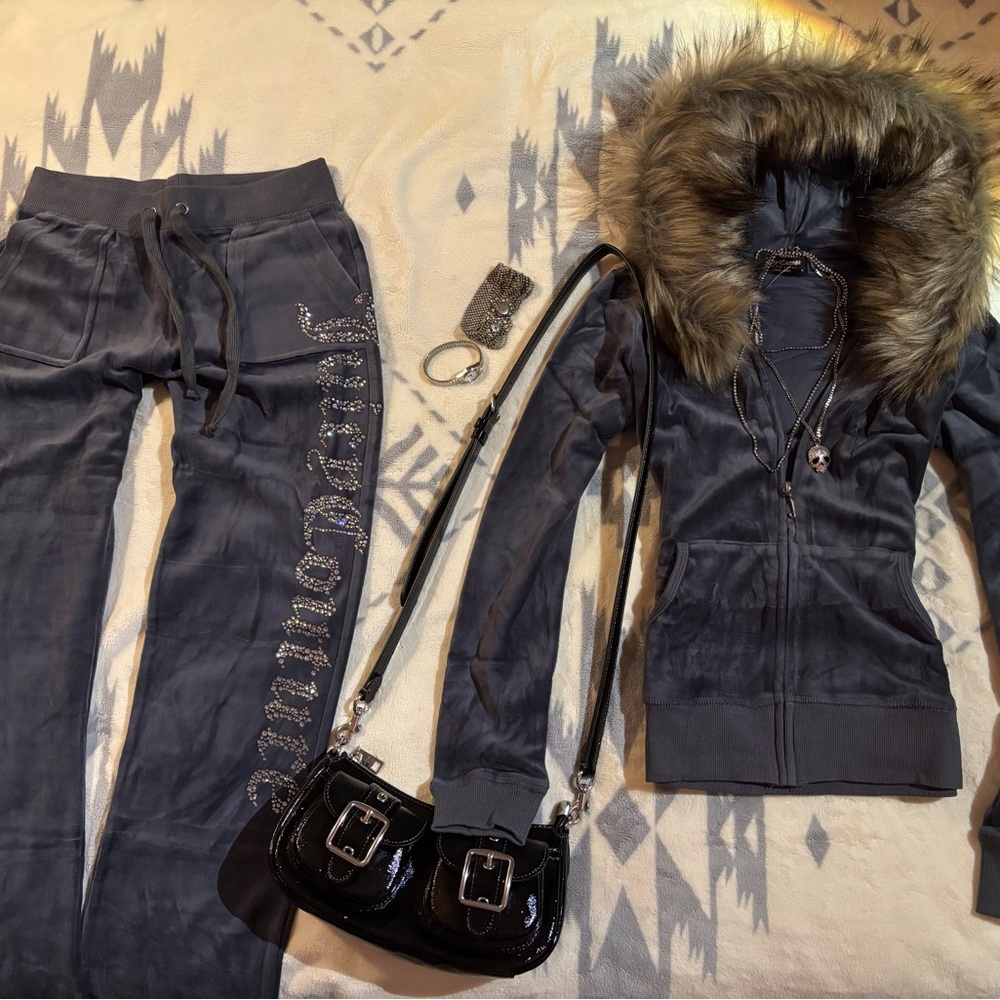 Titanium gray Juicy Couture Velour Set with Fur hood